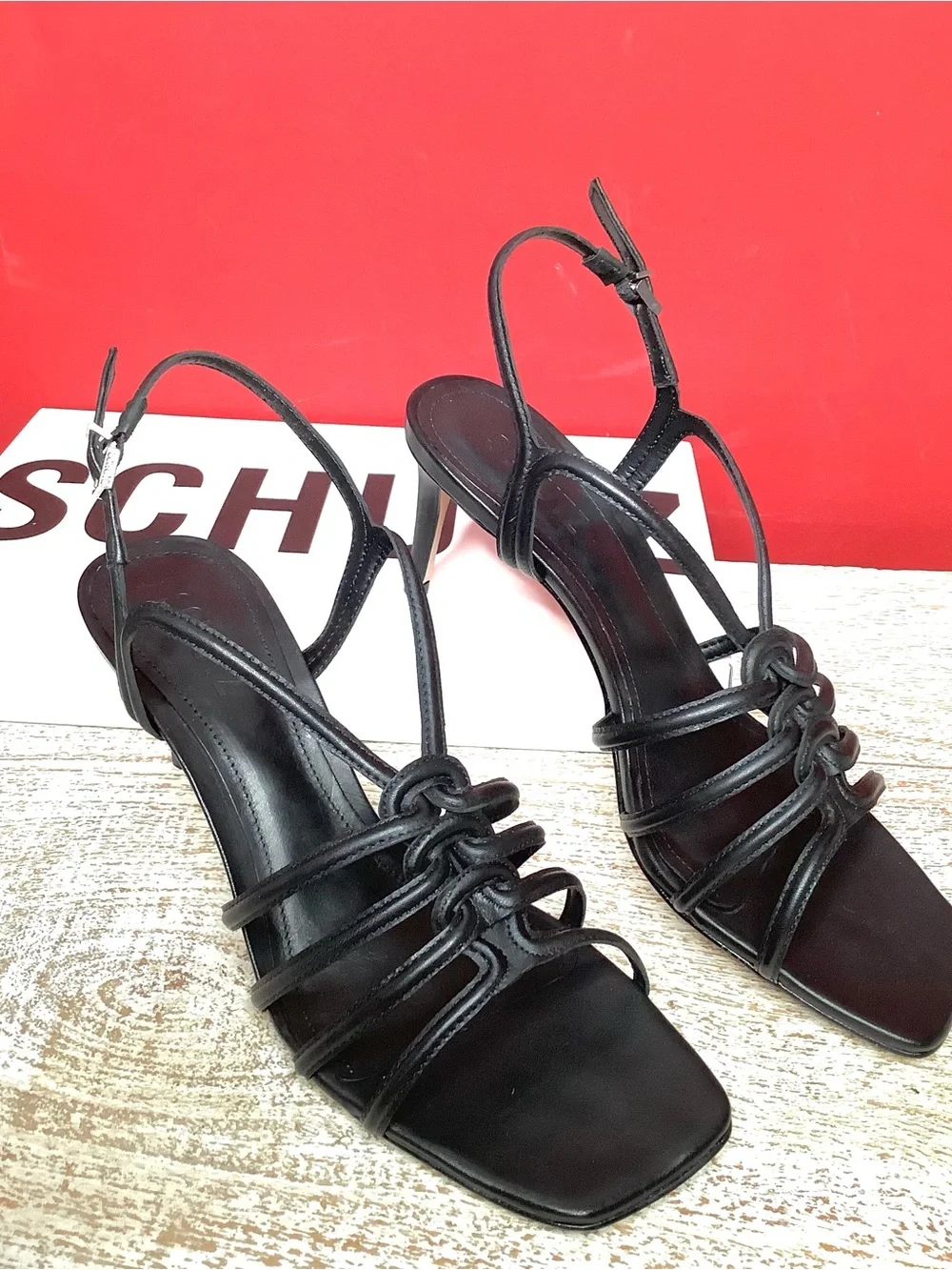 SCHUTZ Octavia Black Leather Knotted Strappy 3” Stiletto Sandals